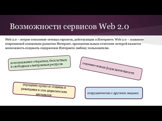 Возможности сервисов Web 2.0 Web 2.0 – второе поколение сетевых