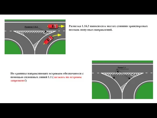 Разметка 1.16.3 наносится в местах слияния транспортных потоков попутных направлений.