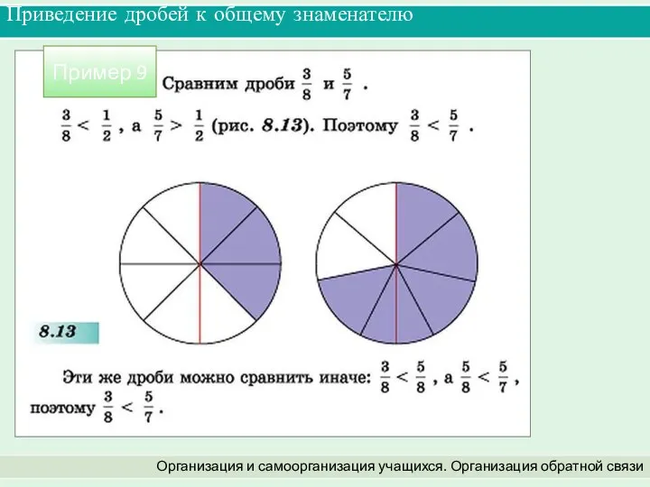 Приведение дробей к общему знаменателю Организация и самоорганизация учащихся. Организация обратной связи Пример 9