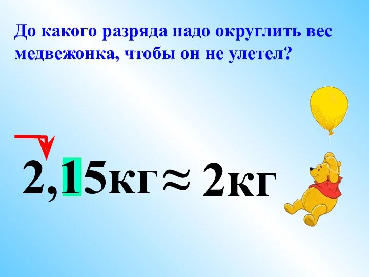 До какого разряда надо округлить вес медвежонка, чтобы он не улетел? 2,15кг ≈ 2кг