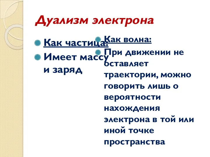 Дуализм электрона Как частица: Имеет массу и заряд Как волна: При движении не