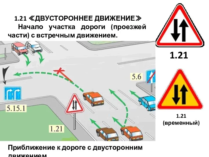 1.21 ≪ДВУСТОРОННЕЕ ДВИЖЕНИЕ≫ Начало участка дороги (проезжей части) с встречным