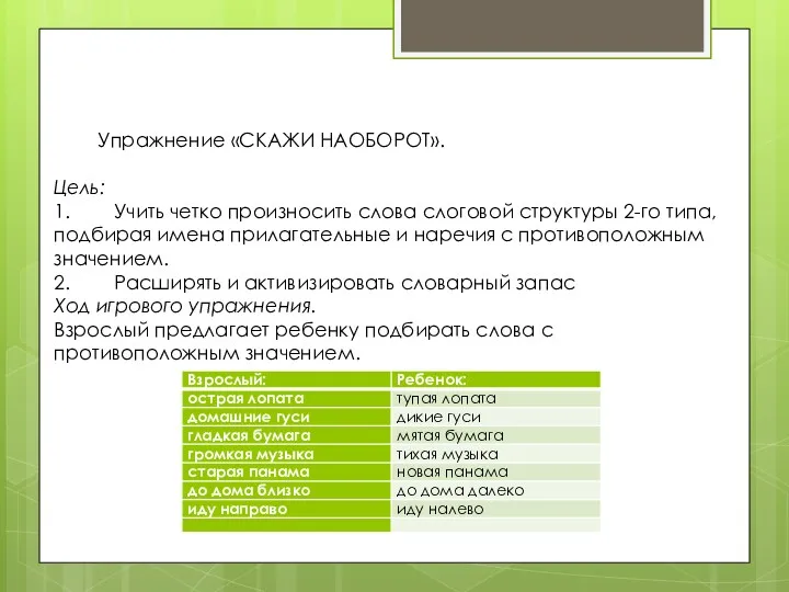 Упражнение «СКАЖИ НАОБОРОТ». Цель: 1. Учить четко произносить слова слоговой