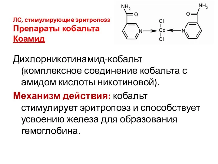 ЛС, стимулирующие эритропоэз Препараты кобальта Коамид Дихлорникотинамид-кобальт (комплексное соединение кобальта