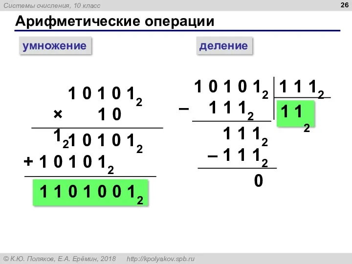 Арифметические операции умножение деление 1 0 1 0 12 ×