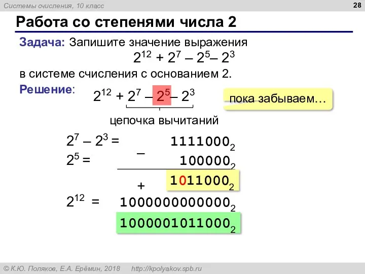 Работа со степенями числа 2 Задача: Запишите значение выражения 212