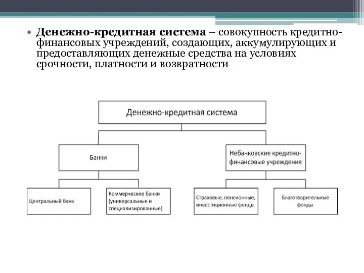 Денежно-кредитная система – совокупность кредитно-финансовых учреждений, создающих, аккумулирующих и предоставляющих