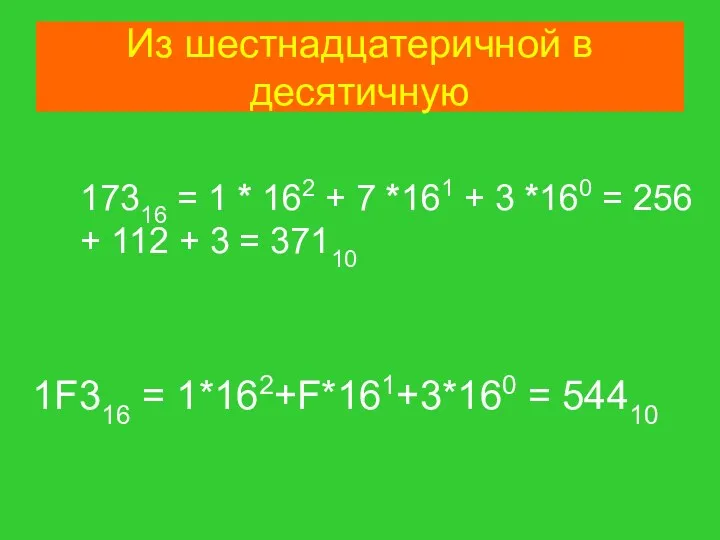 Из шестнадцатеричной в десятичную 17316 = 1 * 162 +