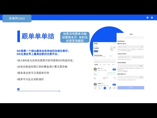 跟单单单结 BHE是第一个推出跟单后单单结的加密交易所。 BHE也是世界上最具创新的交易平台。 •加入BHE成为交易员最高可获得最高30%利润分成。 •交易员收益每笔订单结算直接计算无需审核 •跟单者交易可自选跟单币种 •跟单可自定义风险调控 交易所LOGO 如果没有跟单功能就删掉本页，有的话就要更换截图