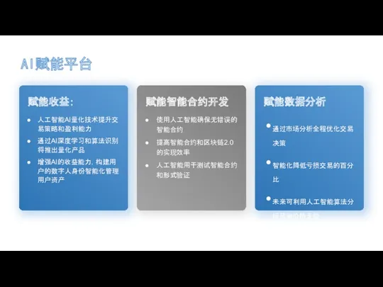 AI赋能平台 赋能数据分析 通过市场分析全程优化交易决策 智能化降低亏损交易的百分比 未来可利用人工智能算法分析预测价格走势 赋能收益： 人工智能AI量化技术提升交易策略和盈利能力 通过AI深度学习和算法识别将推出量化产品 增强AI的收益能力，构建用户的数字人身份智能化管理用户资产 赋能智能合约开发 使用人工智能确保无错误的智能合约 提高智能合约和区块链2.0的实现效率 人工智能用于测试智能合约和形式验证