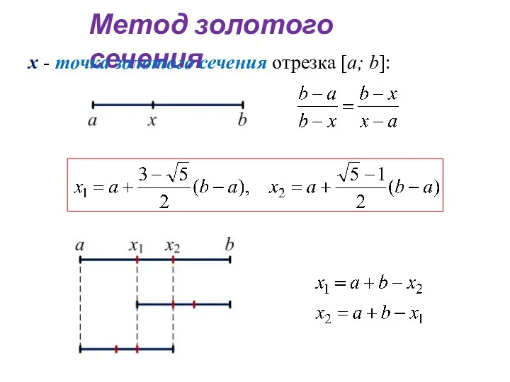 Метод золотого сечения x - точка золотого сечения отрезка [а; b]: