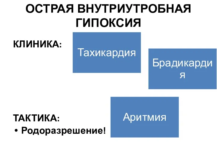 ОСТРАЯ ВНУТРИУТРОБНАЯ ГИПОКСИЯ КЛИНИКА: ТАКТИКА: Родоразрешение!