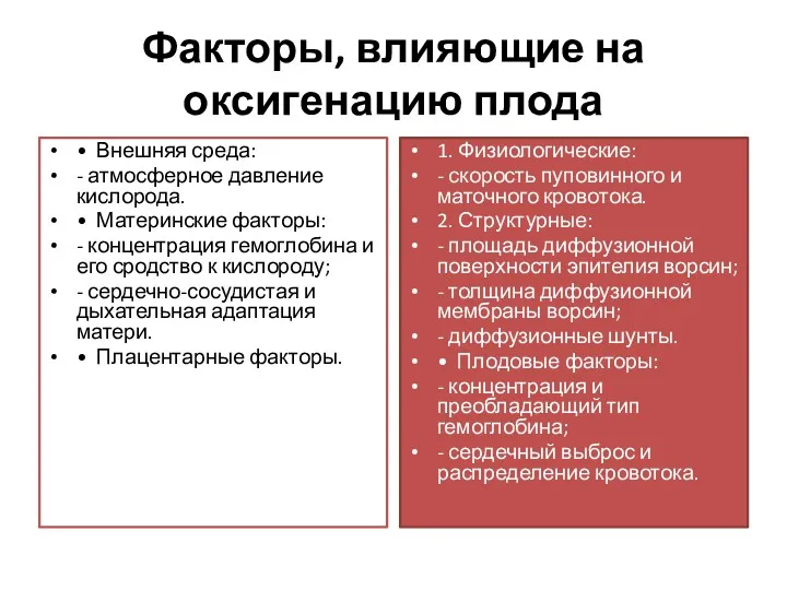 Факторы, влияющие на оксигенацию плода • Внешняя среда: - атмосферное