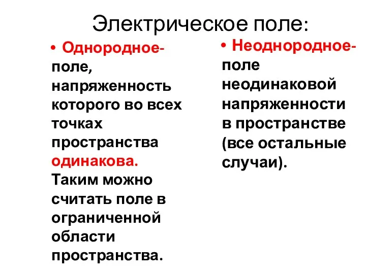 Электрическое поле: Однородное- поле, напряженность которого во всех точках пространства