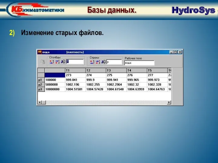 Базы данных. Изменение 2) Изменение старых файлов. Базы данных. HydroSys