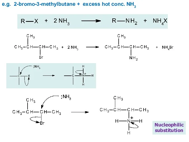e.g. 2-bromo-3-methylbutane + excess hot conc. NH3 Nucleophilic substitution