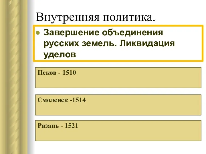 Внутренняя политика. Завершение объединения русских земель. Ликвидация уделов Псков - 1510 Смоленск -1514 Рязань - 1521