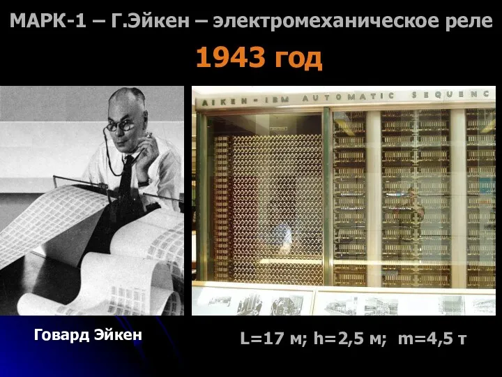 1943 год МАРК-1 – Г.Эйкен – электромеханическое реле Говард Эйкен L=17 м; h=2,5 м; m=4,5 т