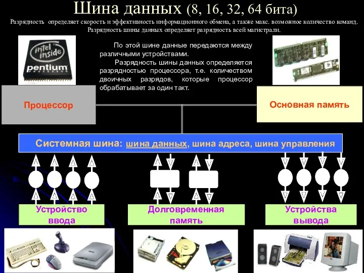 Шина данных (8, 16, 32, 64 бита) Процессор Основная память