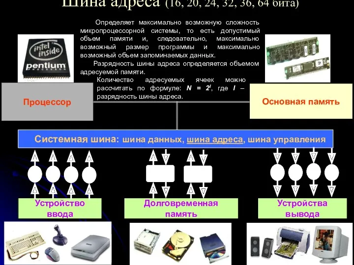 Шина адреса (16, 20, 24, 32, 36, 64 бита) Процессор