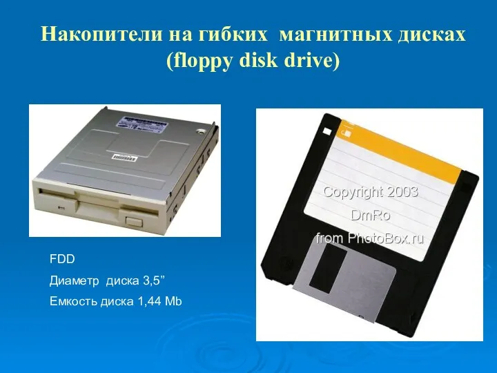 Накопители на гибких магнитных дисках (floppy disk drive) FDD Диаметр диска 3,5” Емкость диска 1,44 Mb
