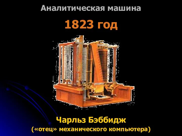 Аналитическая машина 1823 год Чарльз Бэббидж («отец» механического компьютера)