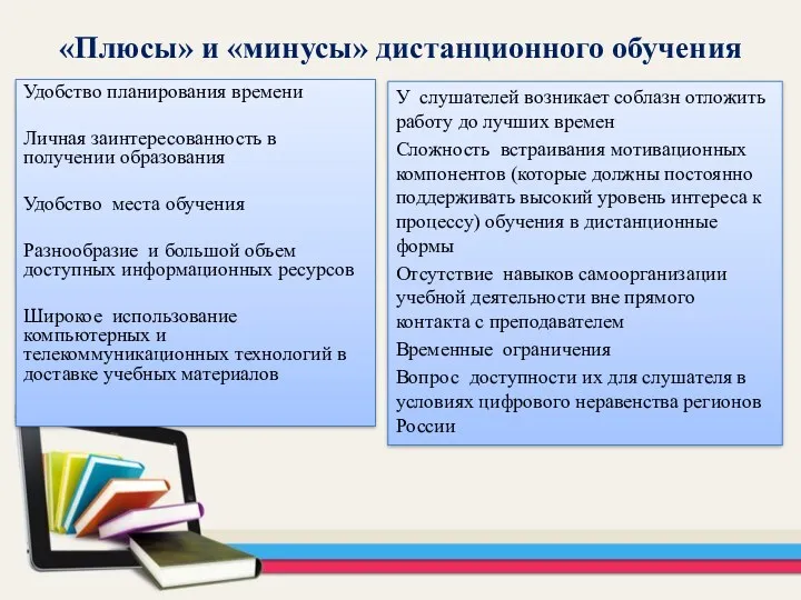 «Плюсы» и «минусы» дистанционного обучения Удобство планирования времени Личная заинтересованность