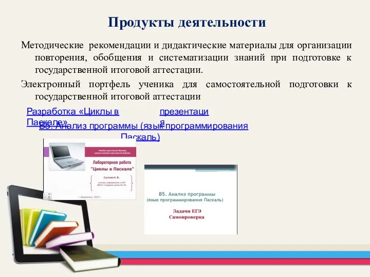 Продукты деятельности Методические рекомендации и дидактические материалы для организации повторения,