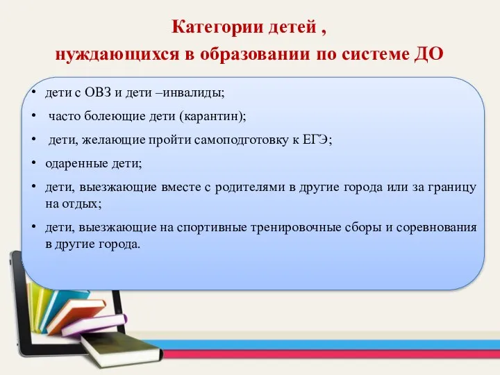 дети с ОВЗ и дети –инвалиды; часто болеющие дети (карантин);