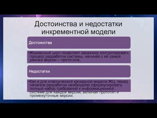 Достоинства и недостатки инкрементной модели Достоинства Жизненный цикл позволяет заказчику