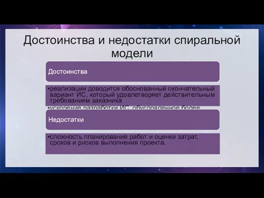 Достоинства и недостатки спиральной модели Достоинства реализации доводится обоснованный окончательный