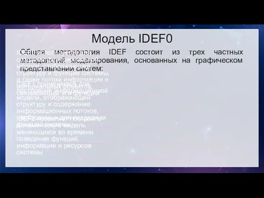 Модель IDEF0 Общая методология IDEF состоит из трех частных методологий