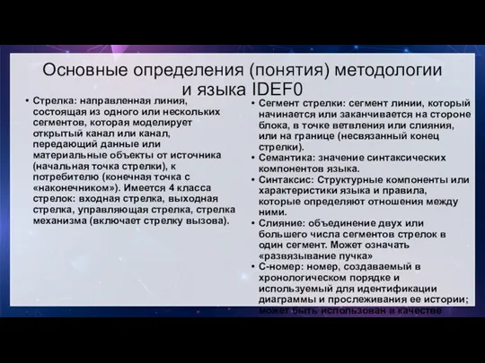 Основные определения (понятия) методологии и языка IDEF0 Стрелка: направленная линия,