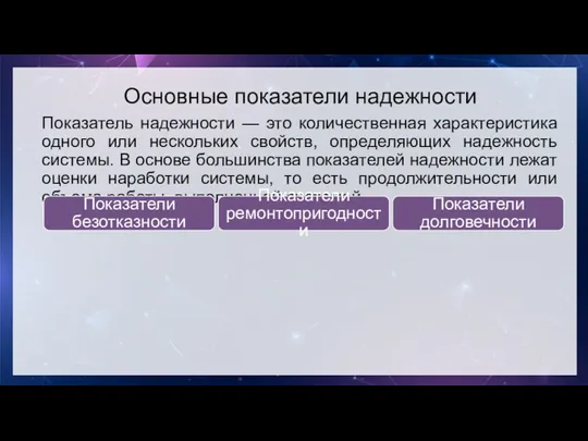 Основные показатели надежности Показатель надежности — это количественная характеристика одного