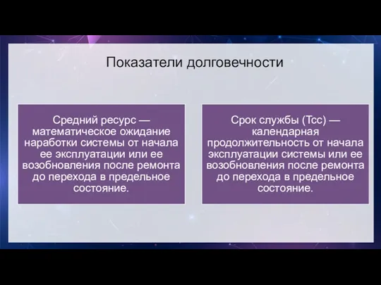 Показатели долговечности Средний ресурс — математическое ожидание наработки системы от