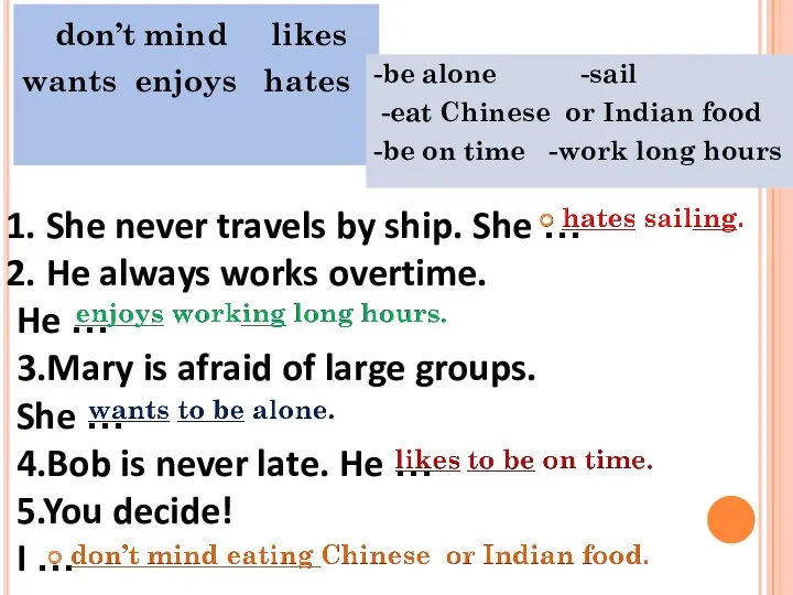 don’t mind likes wants enjoys hates -be alone -sail -eat