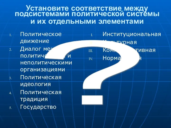 ? Установите соответствие между подсистемами политической системы и их отдельными