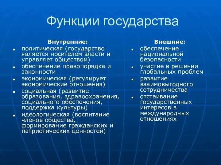 Функции государства Внутренние: политическая (государство является носителем власти и управляет