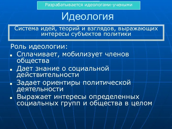 Идеология Роль идеологии: Сплачивает, мобилизует членов общества Дает знание о