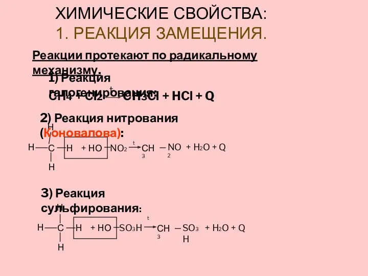 СН4 + Сl2 CH3Cl + HCl + Q t Реакции
