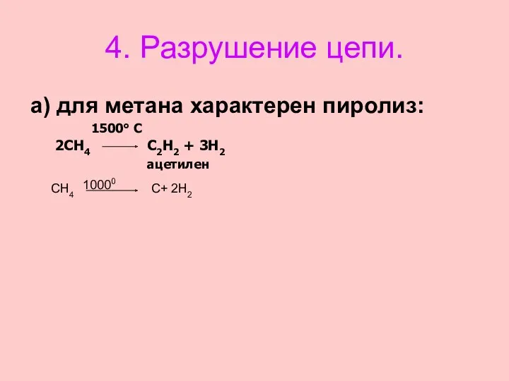 4. Разрушение цепи. а) для метана характерен пиролиз: 2CH4 C2H2