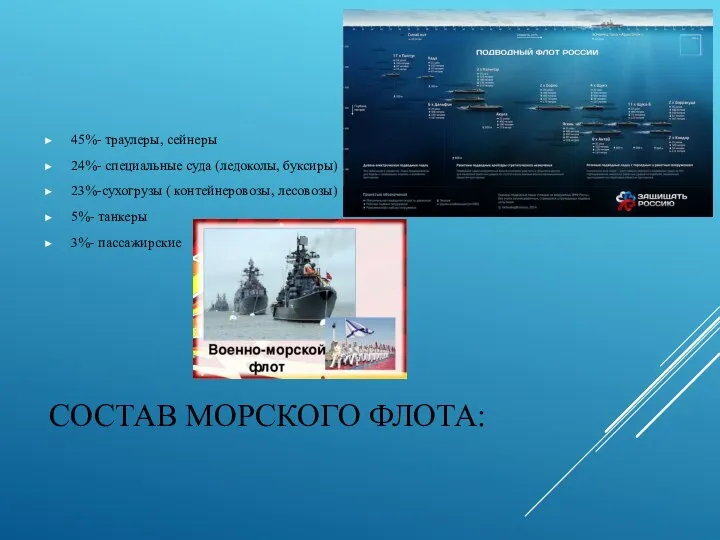 СОСТАВ МОРСКОГО ФЛОТА: 45%- траулеры, сейнеры 24%- специальные суда (ледоколы,