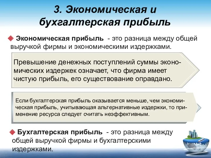 3. Экономическая и бухгалтерская прибыль Экономическая прибыль - это разница