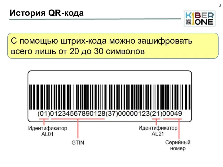История QR-кода С помощью штрих-кода можно зашифровать всего лишь от 20 до 30 символов