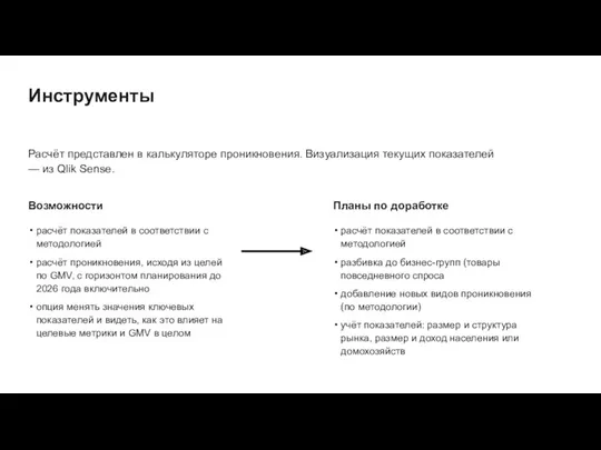 Расчёт представлен в калькуляторе проникновения. Визуализация текущих показателей — из