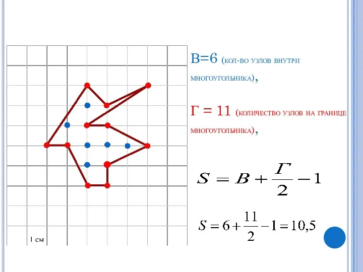 В=6 (кол-во узлов внутри многоугольника), Г = 11 (количество узлов на границе многоугольника),