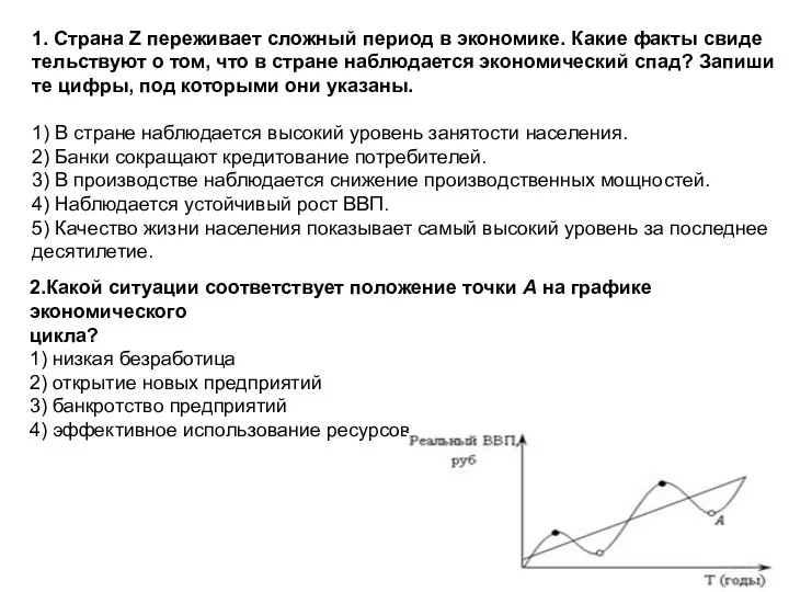 1. Стра­на Z пе­ре­жи­ва­ет слож­ный пе­ри­од в эко­но­ми­ке. Какие факты