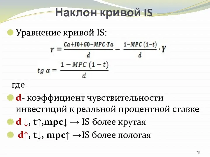 Наклон кривой IS Уравнение кривой IS: где d- коэффициент чувствительности