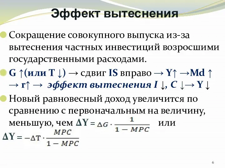 Эффект вытеснения Сокращение совокупного выпуска из-за вытеснения частных инвестиций возросшими