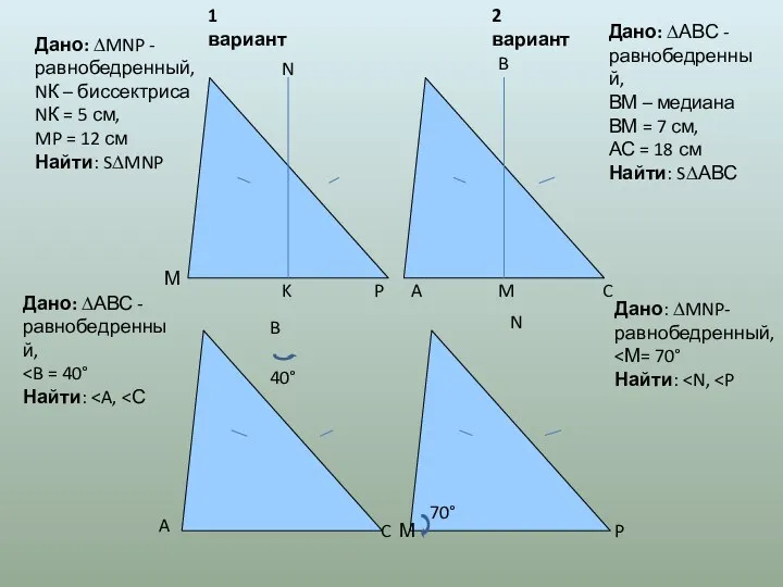 40° 70° A B C Дано: ∆MNP - равнобедренный, NК